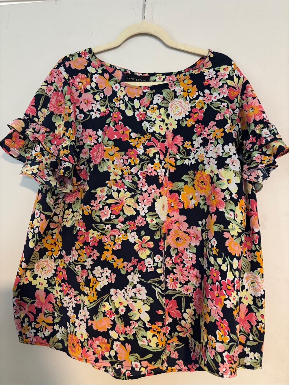 Lane Bryant Navy Floral Ruffle Sleeve Top